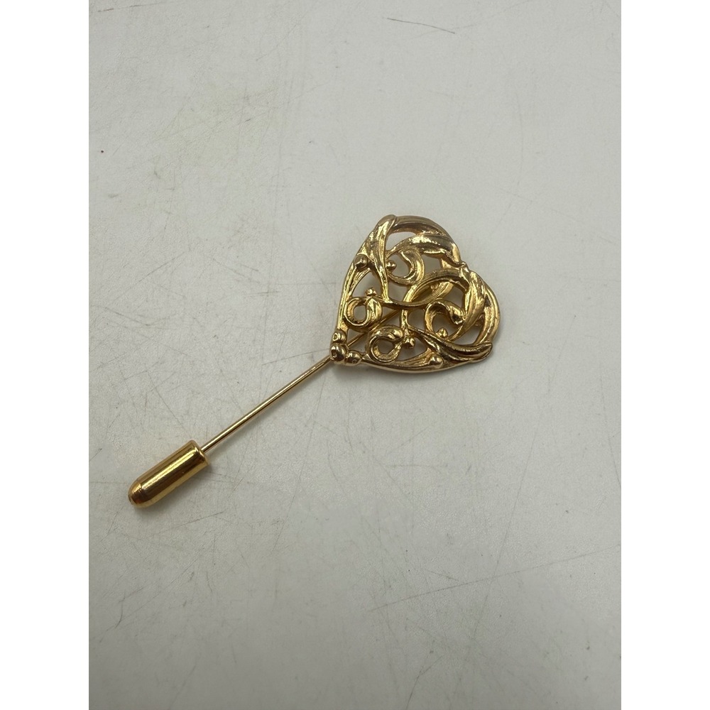 Vintage Gold Tone Filigree Heart Stick Pin Openwork Scroll Lapel Pin Accessory